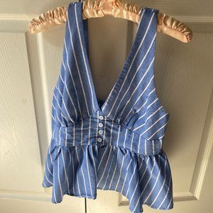 Medium blue striped sleeveless peplum top